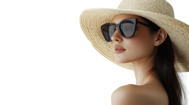 Elegant woman in wide-brim straw hat and sunglasses, looking to the side