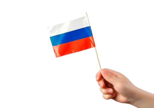 Hand holding small Russian flag on transparent background, PNG - Powered by Adobe