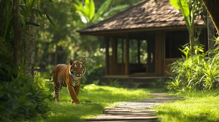 Bengal tiger walking on wooden path in tropical forest near traditional house.