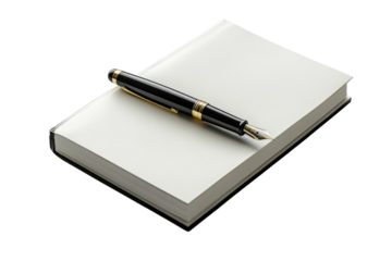 A black fountain pen rests on a blank white notebook, ready for writing or drawing. background removed