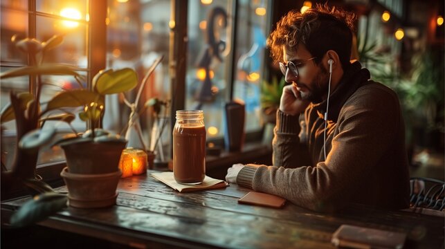 A pensive moment of person enjoying a drink in a cozy cafe with the natural sunlight