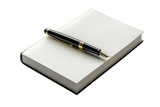 A black fountain pen rests on a blank white notebook, ready for writing or drawing. background removed
