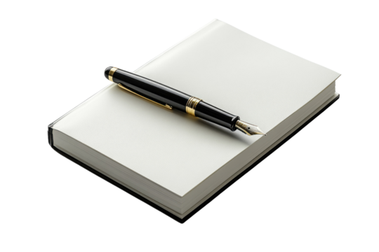 A black fountain pen rests on a blank white notebook, ready for writing or drawing. background removed