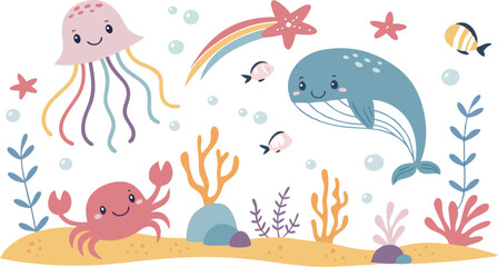 Cute marina life set with fish, whales, seaweed, marina elements for your design, childish hand drawn sea elements. playful and colorful vector illustration of cute underwater sea animals in a cartoon