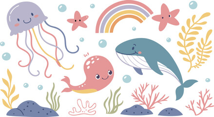 Cute marina life set with fish, whales, seaweed, marina elements for your design, childish hand drawn sea elements. playful and colorful vector illustration of cute underwater sea animals in a cartoon