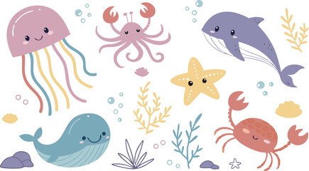 Cute marina life set with fish, whales, seaweed, marina elements for your design, childish hand drawn sea elements. playful and colorful vector illustration of cute underwater sea animals in a cartoon