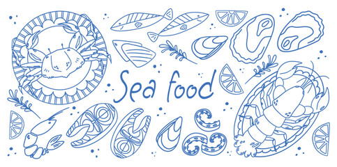 Hand drawn ink isolated vector set of seafood. Shrimps, lobster, salmon, oysters, mussels, squid, crab. Food vintage illustration.