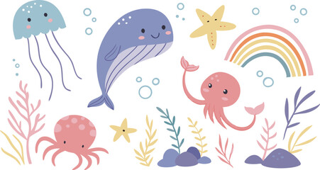 Cute marina life set with fish, whales, seaweed, marina elements for your design, childish hand drawn sea elements. playful and colorful vector illustration of cute underwater sea animals in a cartoon