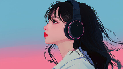 Stylish Girl Listening to Music with Headphones – Digital Illustration for Listening Day