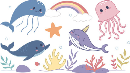 Cute marina life set with fish, whales, seaweed, marina elements for your design, childish hand drawn sea elements. playful and colorful vector illustration of cute underwater sea animals in a cartoon