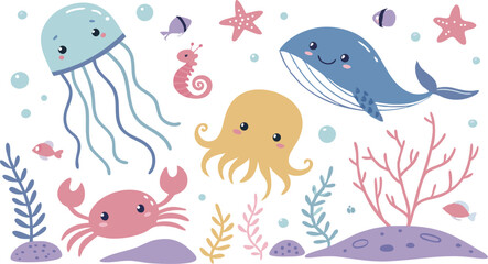 Cute marina life set with fish, whales, seaweed, marina elements for your design, childish hand drawn sea elements. playful and colorful vector illustration of cute underwater sea animals in a cartoon