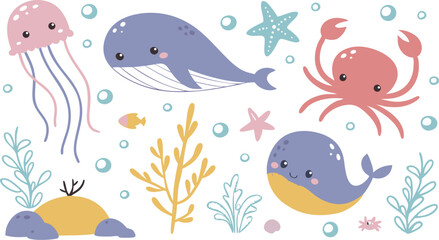 Cute marina life set with fish, whales, seaweed, marina elements for your design, childish hand drawn sea elements. playful and colorful vector illustration of cute underwater sea animals in a cartoon