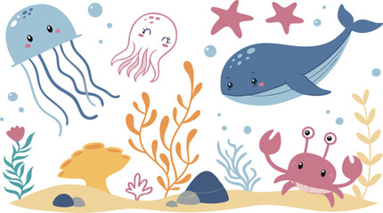 Cute marina life set with fish, whales, seaweed, marina elements for your design, childish hand drawn sea elements. playful and colorful vector illustration of cute underwater sea animals in a cartoon