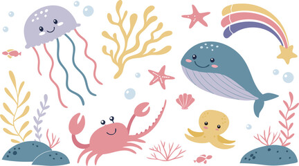 Cute marina life set with fish, whales, seaweed, marina elements for your design, childish hand drawn sea elements. playful and colorful vector illustration of cute underwater sea animals in a cartoon