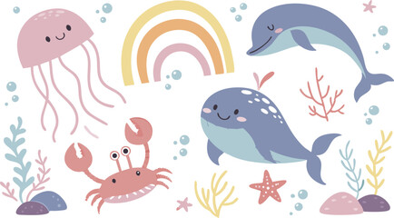 Cute marina life set with fish, whales, seaweed, marina elements for your design, childish hand drawn sea elements. playful and colorful vector illustration of cute underwater sea animals in a cartoon