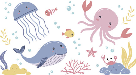 Cute marina life set with fish, whales, seaweed, marina elements for your design, childish hand drawn sea elements. playful and colorful vector illustration of cute underwater sea animals in a cartoon