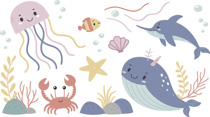Cute marina life set with fish, whales, seaweed, marina elements for your design, childish hand drawn sea elements. playful and colorful vector illustration of cute underwater sea animals in a cartoon