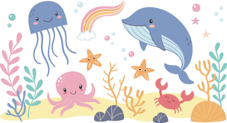 Cute marina life set with fish, whales, seaweed, marina elements for your design, childish hand drawn sea elements. playful and colorful vector illustration of cute underwater sea animals in a cartoon