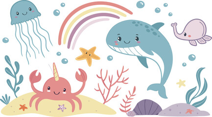 Cute marina life set with fish, whales, seaweed, marina elements for your design, childish hand drawn sea elements. playful and colorful vector illustration of cute underwater sea animals in a cartoon