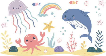 Cute marina life set with fish, whales, seaweed, marina elements for your design, childish hand drawn sea elements. playful and colorful vector illustration of cute underwater sea animals in a cartoon