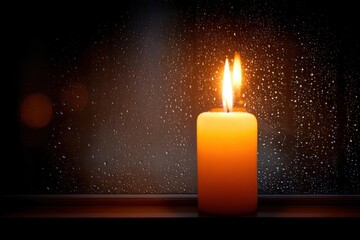 Candlelight Reflections: A solitary candle glows against a rain-streaked window, casting a warm, comforting light in the darkness.
