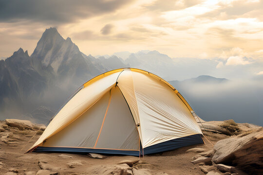 Camping in vibrant yellow tents overlooking a breathtaking mountain landscape at sunrise in the early morning hours