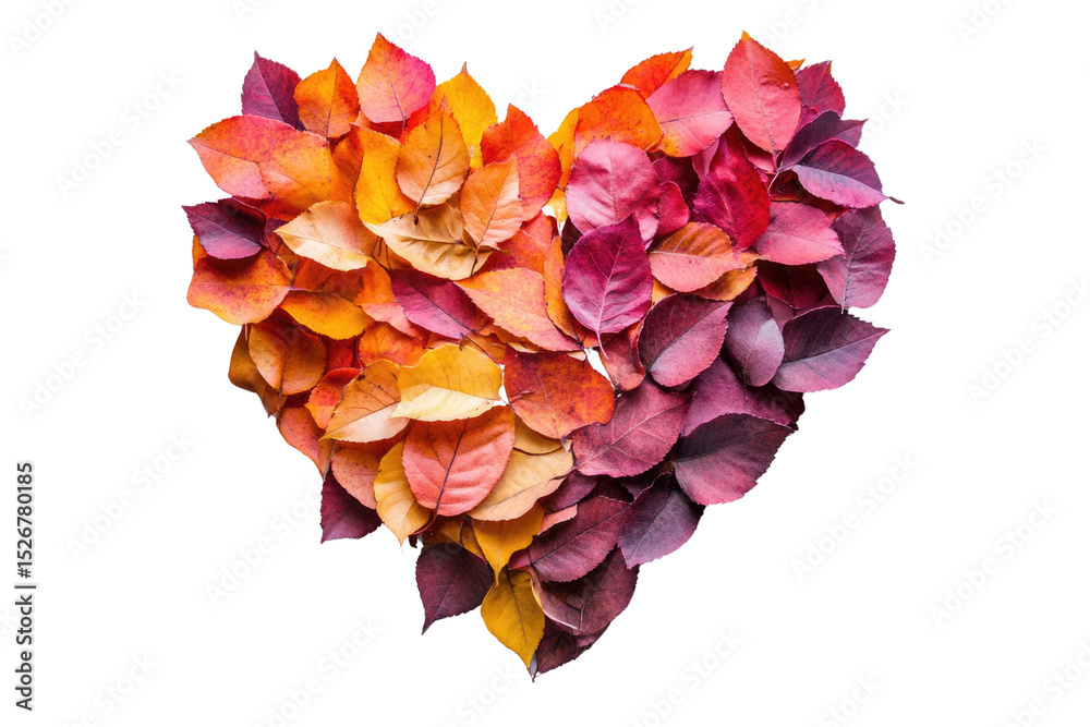 Poster autumn leaves arranged in a heart shape, showcasing vibrant red and orange hues. background removed