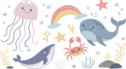 Cute marina life set with fish, whales, seaweed, marina elements for your design, childish hand drawn sea elements. playful and colorful vector illustration of cute underwater sea animals in a cartoon
