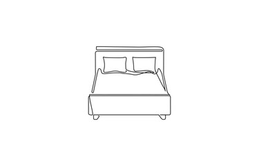 Double bed with the pillows in continuous one line drawing design. Minimalist single line draw, One line drawing illustration of bed. Interior of bedroom concept continuous line art. Editable outline.