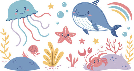 Cute marina life set with fish, whales, seaweed, marina elements for your design, childish hand drawn sea elements. playful and colorful vector illustration of cute underwater sea animals in a cartoon