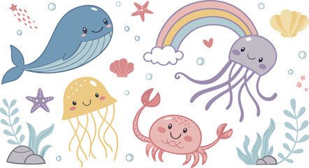 Cute marina life set with fish, whales, seaweed, marina elements for your design, childish hand drawn sea elements. playful and colorful vector illustration of cute underwater sea animals in a cartoon