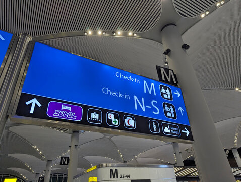 Istanbul International Airport or Istanbul New Airport. Signage to display information about check-in areas, gates, exits, toilets and other places
