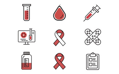 Medical Icons Set Healthcare Blood Test Syringe Bandage Clinic Vector Illustration Red White Graphic Design Elements for Website Mobile App Presentation Medicine Hospital Pharmacy Healthcare          