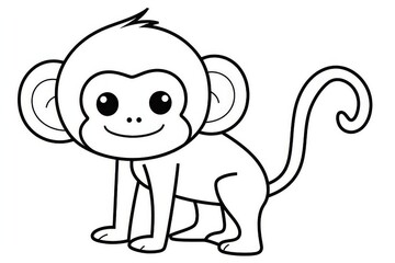Fototapeta premium Cute simple line art monkey with thick black outlines for kids coloring book, vector clip art style with happy expression and clean design