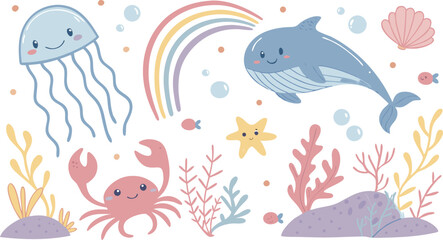 Cute marina life set with fish, whales, seaweed, marina elements for your design, childish hand drawn sea elements. playful and colorful vector illustration of cute underwater sea animals in a cartoon