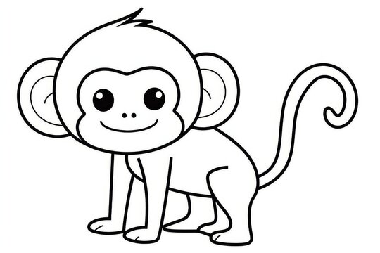 Cute simple line art monkey with thick black outlines for kids coloring book, vector clip art style with happy expression and clean design