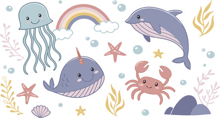 Cute marina life set with fish, whales, seaweed, marina elements for your design, childish hand drawn sea elements. playful and colorful vector illustration of cute underwater sea animals in a cartoon