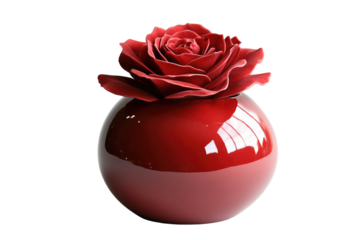 A single red rose sits gracefully in a glossy, spherical vase, a symbol of elegance and beauty. background removed