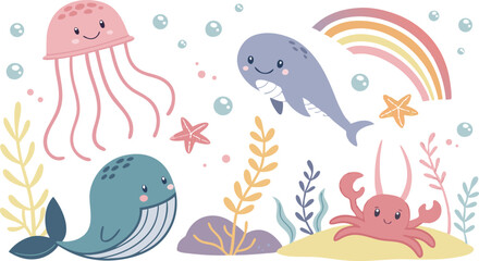 Cute marina life set with fish, whales, seaweed, marina elements for your design, childish hand drawn sea elements. playful and colorful vector illustration of cute underwater sea animals in a cartoon