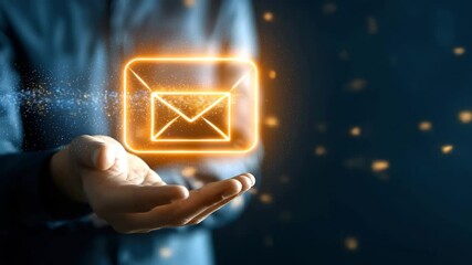 Person holding glowing digital envelope icon hand, symbolizing email communication, technology, digital innovation, and business professional connection, with modern secure message transfer