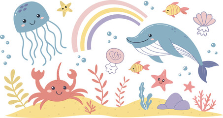 Cute marina life set with fish, whales, seaweed, marina elements for your design, childish hand drawn sea elements. playful and colorful vector illustration of cute underwater sea animals in a cartoon