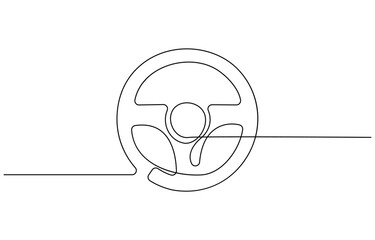 Steering wheel symbol in continuous line drawing style. Abstract background, Minimal illustration. Hand drawn linear silhouette. Outline design, print, banner, card, brochure, poster.
