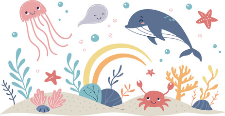 Cute marina life set with fish, whales, seaweed, marina elements for your design, childish hand drawn sea elements. playful and colorful vector illustration of cute underwater sea animals in a cartoon