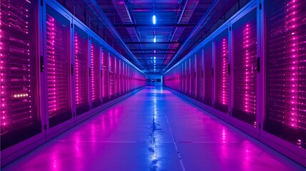 a captivating image of a data center's rows of servers illuminated with purple and blue lights, creating a futuristic atmosphere