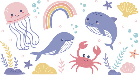 Cute marina life set with fish, whales, seaweed, marina elements for your design, childish hand drawn sea elements. playful and colorful vector illustration of cute underwater sea animals in a cartoon