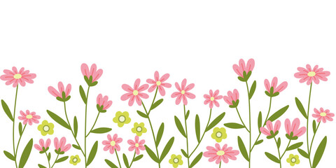 Horizontal backdrop with simple abstract pink flowers on white, vector illustration 