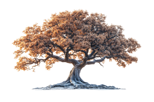 A majestic ancient oak tree with sprawling branches and exposed roots, covered in a frost-like layer, stands isolated against a muted background. background removed