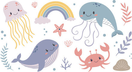 Cute marina life set with fish, whales, seaweed, marina elements for your design, childish hand drawn sea elements. playful and colorful vector illustration of cute underwater sea animals in a cartoon