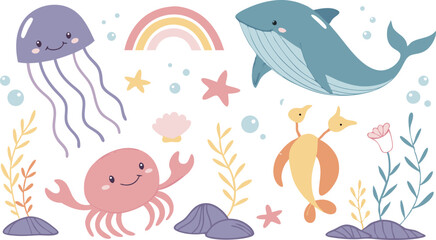 Cute marina life set with fish, whales, seaweed, marina elements for your design, childish hand drawn sea elements. playful and colorful vector illustration of cute underwater sea animals in a cartoon