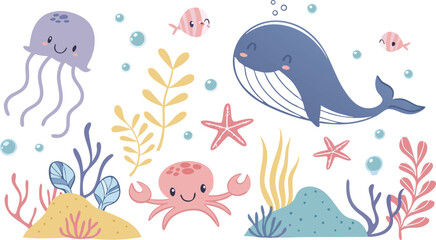 Cute marina life set with fish, whales, seaweed, marina elements for your design, childish hand drawn sea elements. playful and colorful vector illustration of cute underwater sea animals in a cartoon